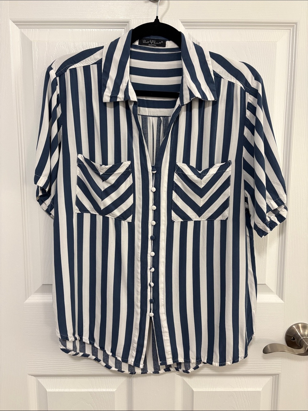 Velvet Heart Navy and White Vertical Stripe Button-Up Shirt
